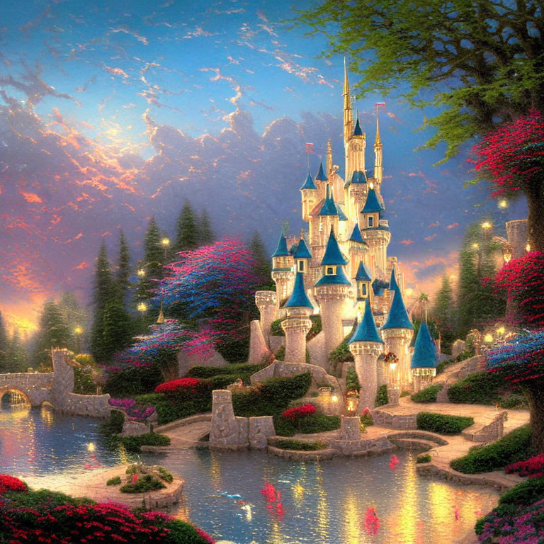 Fantastical castle with spires in colorful garden at twilight