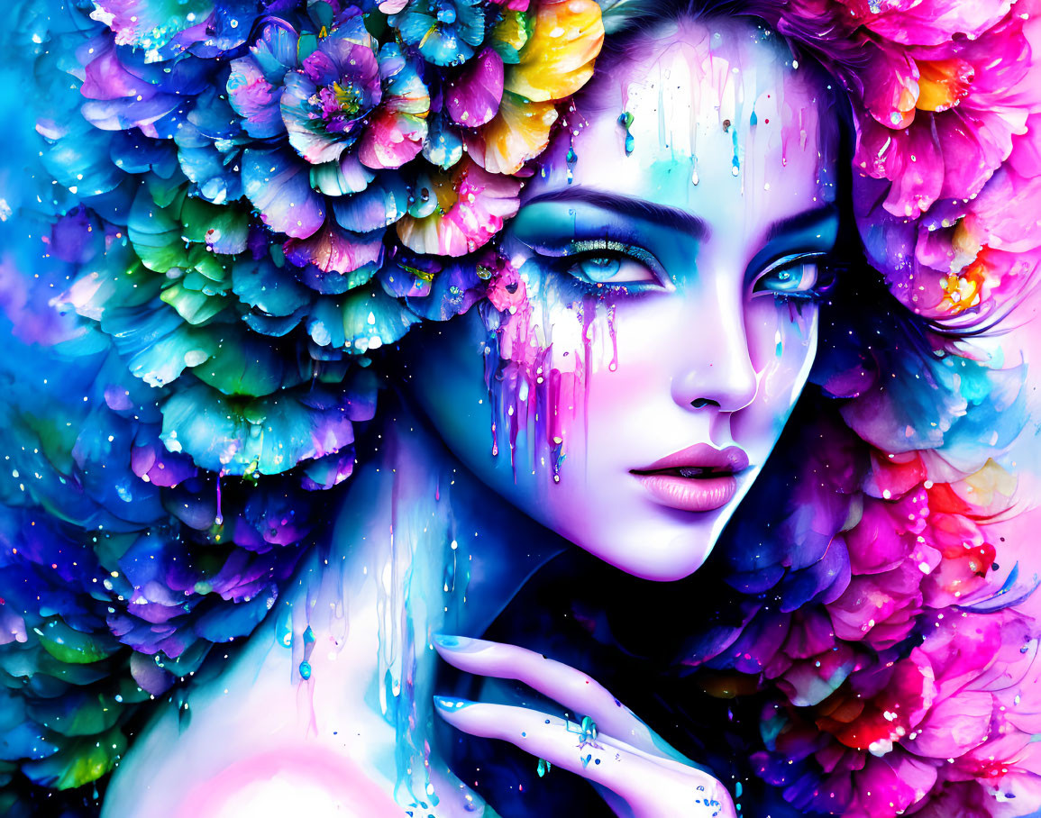 Colorful digital artwork: Woman's face merges with flowers in vivid blues, pinks, and pur