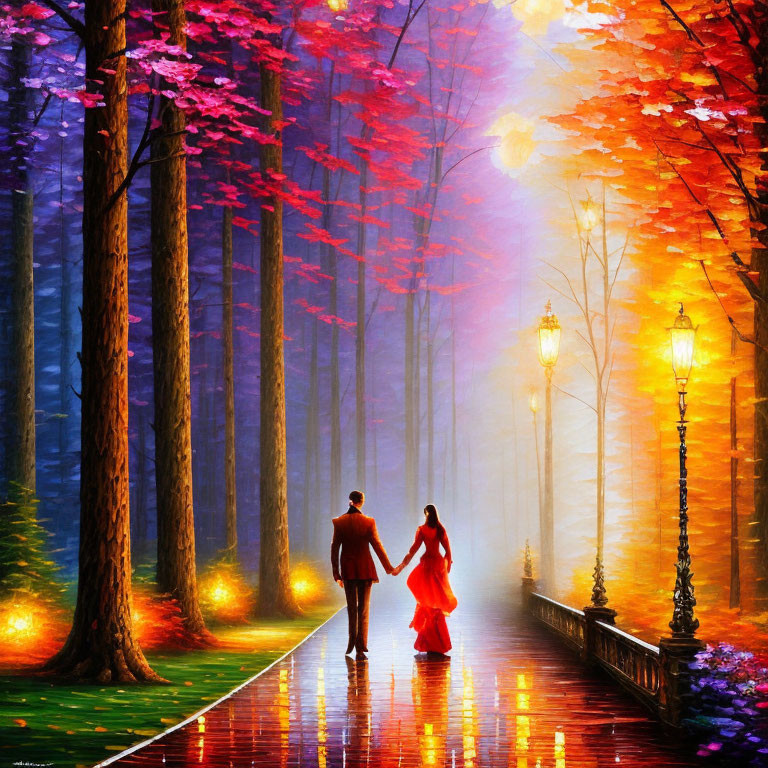 Couple walking hand in hand along vibrant forest path with glowing streetlamps.