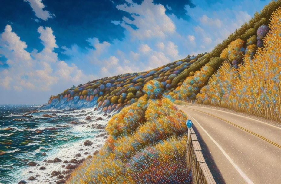 Scenic coastal road with cyclist and vibrant flowers