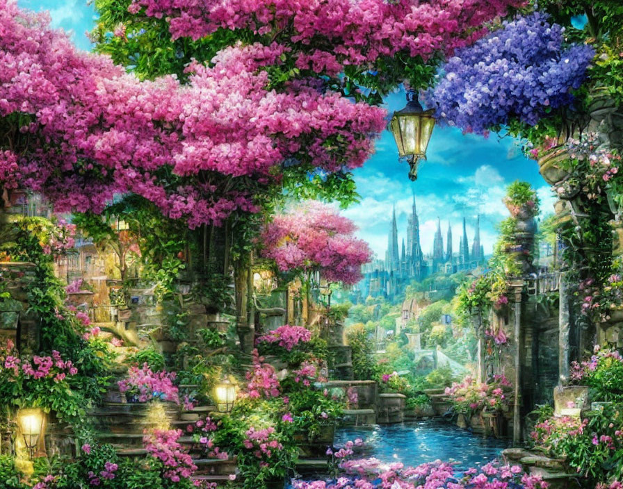 Colorful Fantasy Garden with Flowers, Bridges, Lantern, and Castle