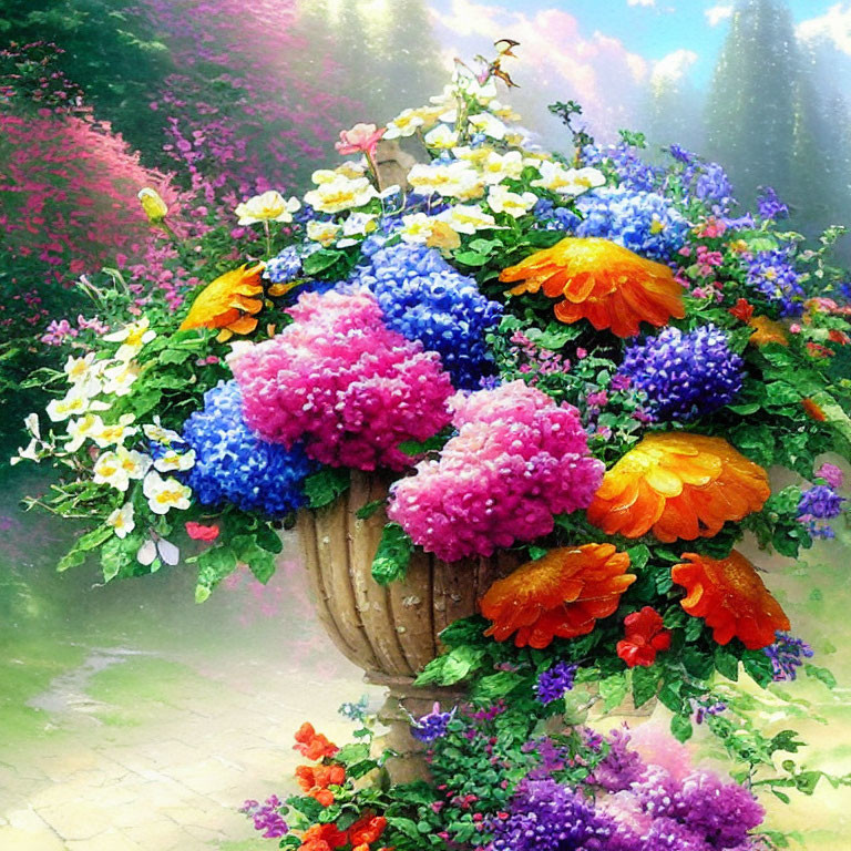 Colorful Flower Bouquet in Stone Vase with Sunlit Garden Background