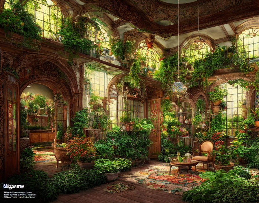 Luxurious greenhouse with green plants, hanging baskets, flowers, wooden architecture, vintage furnishings, warm lighting