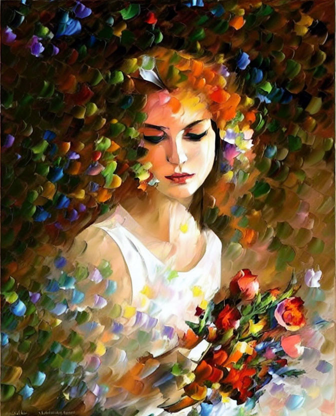 Impressionistic painting of woman with auburn hair and flowers