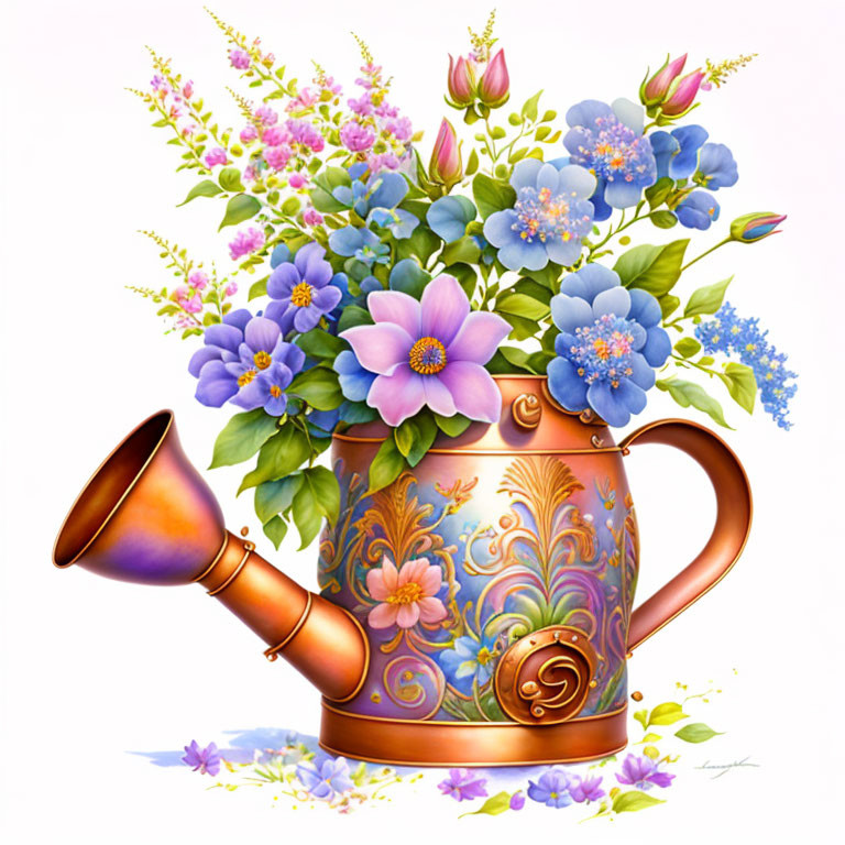 Vintage Brass Watering Can with Blue and Pink Flowers on White Background