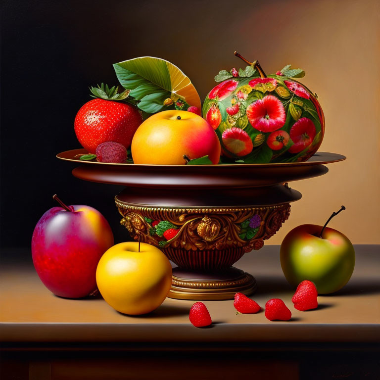 Golden bowl with vibrant fruits on dark background