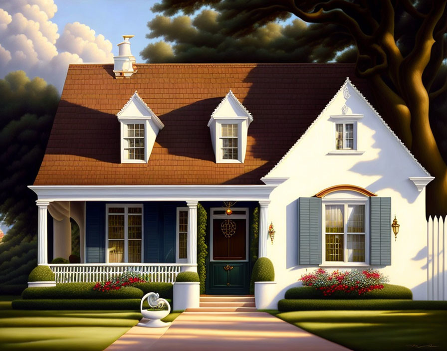 Suburban home with brown roof, white walls, blue door, porch, tree, and shrub