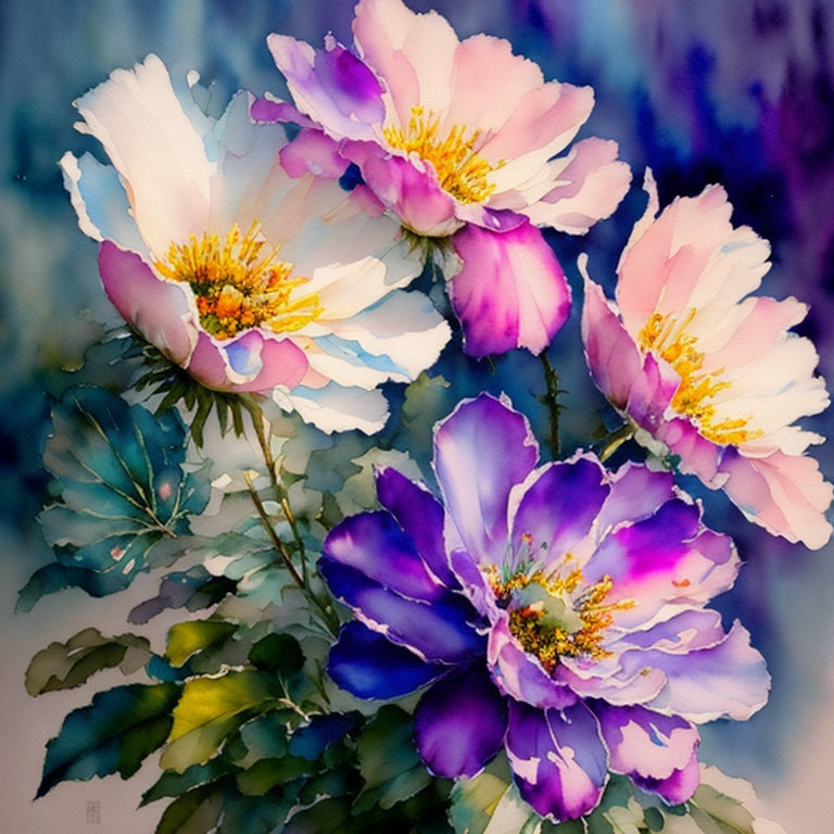 Delicate white and purple peonies in watercolor on blue background