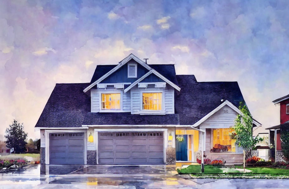 Suburban Two-Story House Watercolor Painting at Dusk