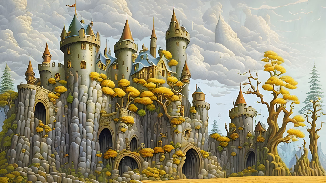 Fantastical castle with spires on rocky cliff under cloudy sky