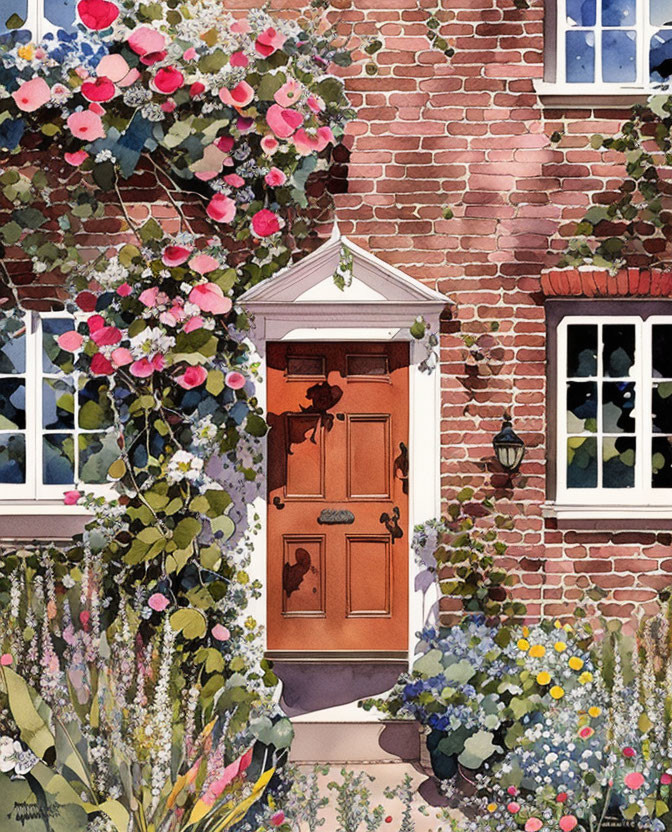 Brick house with colorful flowers and wooden door