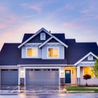 Suburban Two-Story House Watercolor Painting at Dusk