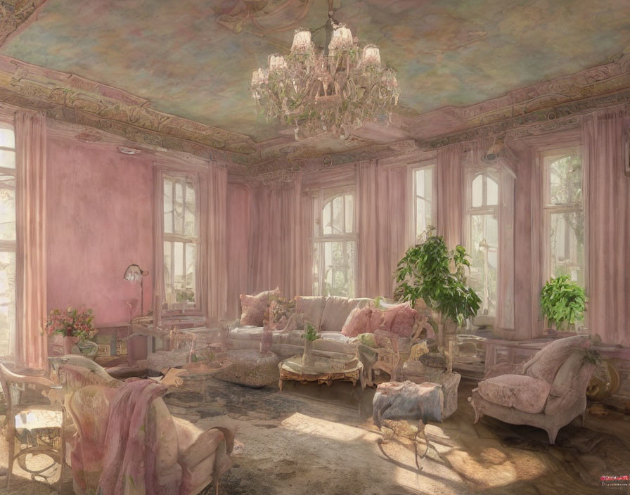 Luxurious Pink Room with Frescoed Ceiling and Crystal Chandelier