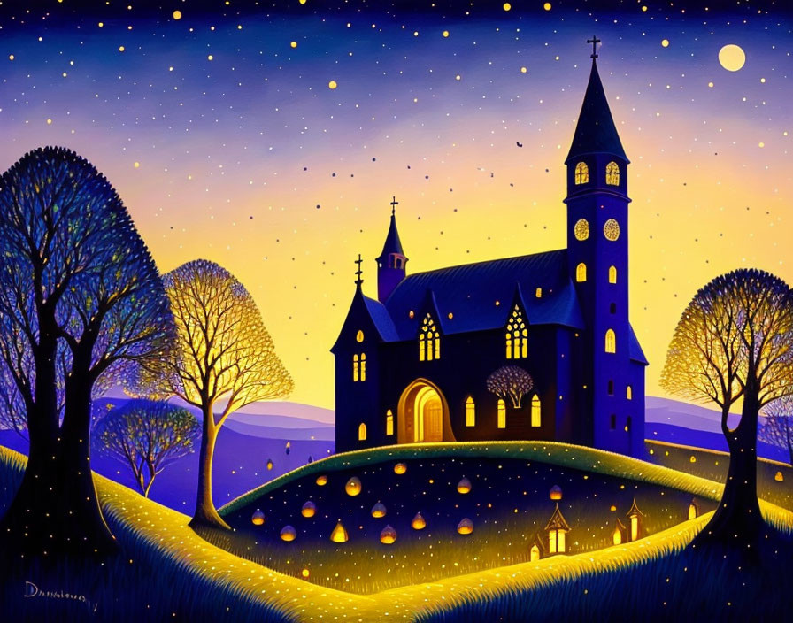 Night Scene Painting with Church, Trees, Stars, and Crescent Moon in Vibrant Stylized Art