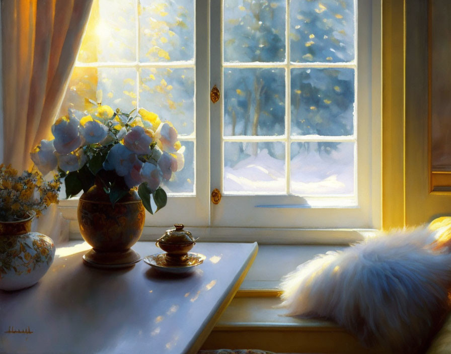 Sunlit Room with Flowers on Windowsill Overlooking Snowy Landscape