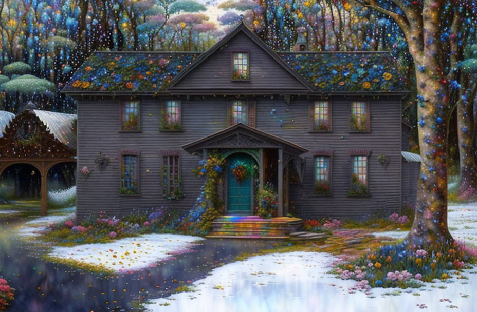 Enchanted forest scene with twilight-hued house and glowing flowers