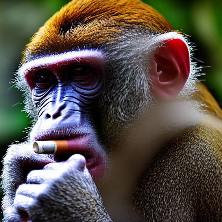 Close-up of a red-orange fur monkey with cigarette on green background