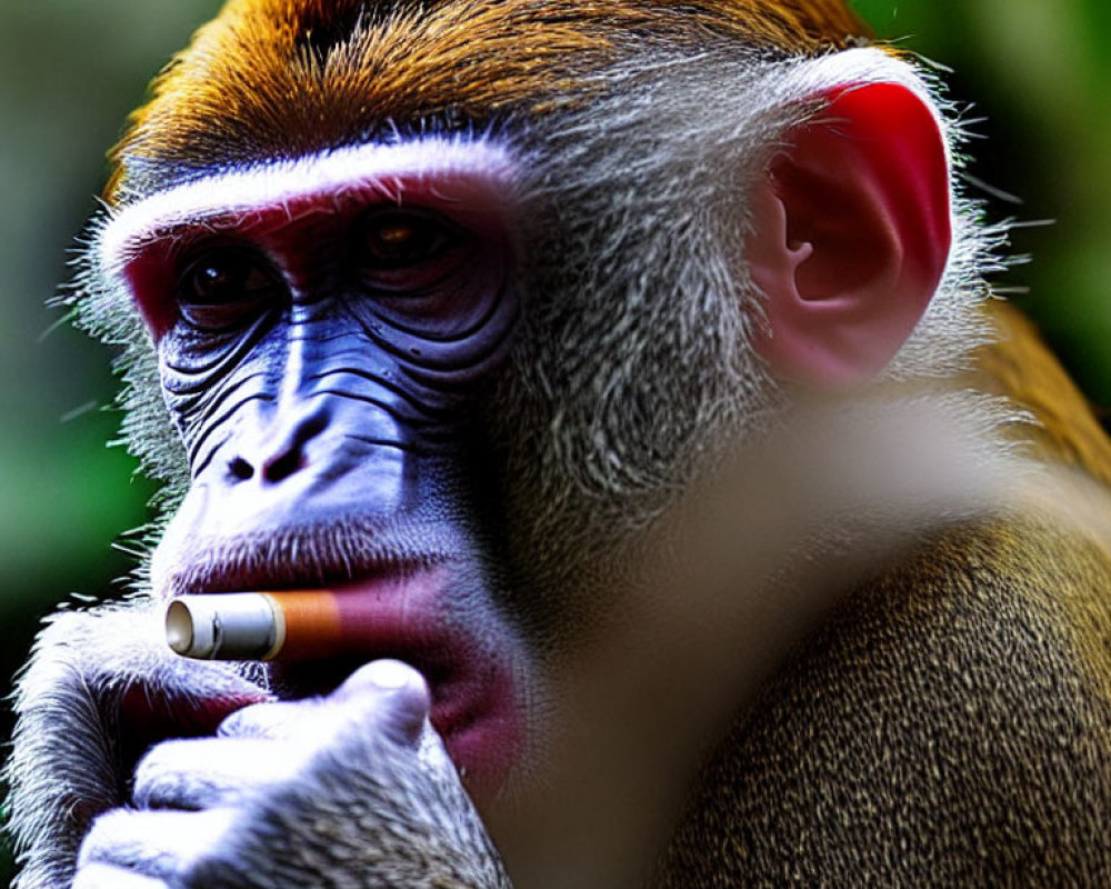 Close-up of a red-orange fur monkey with cigarette on green background