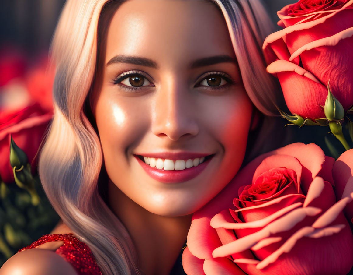 Smiling woman with ombré hair and red roses portrait