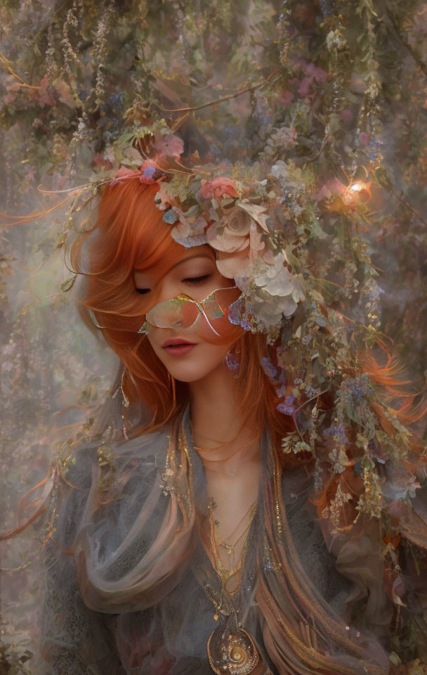 Woman with Orange Hair and Floral Crown in Ethereal Setting