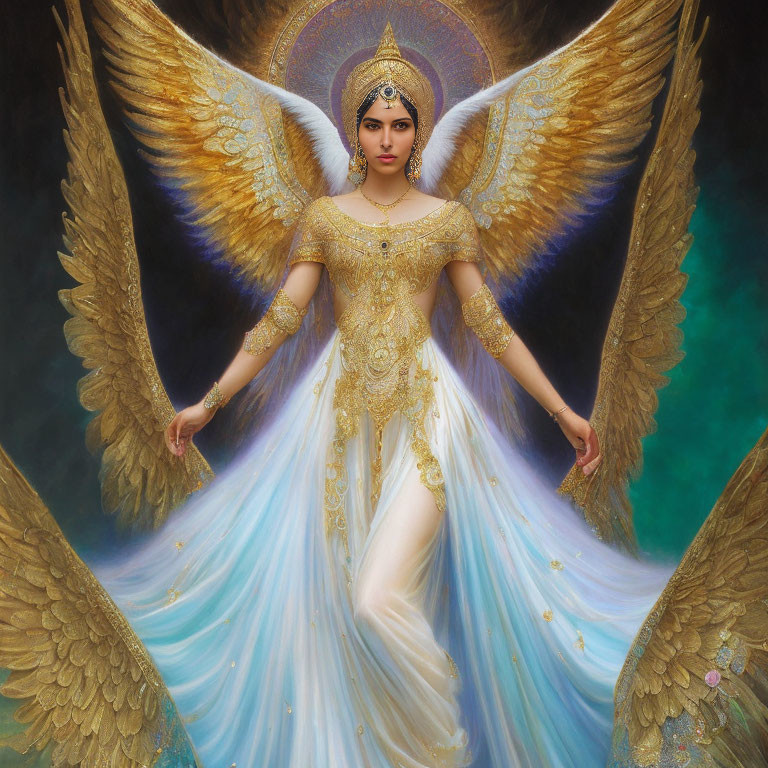 Golden-winged figure in ornate attire against mystical background