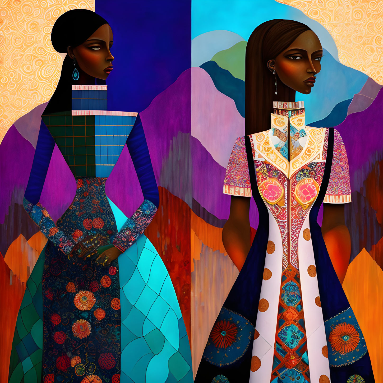 Stylized women in vibrant dresses against abstract mountain background