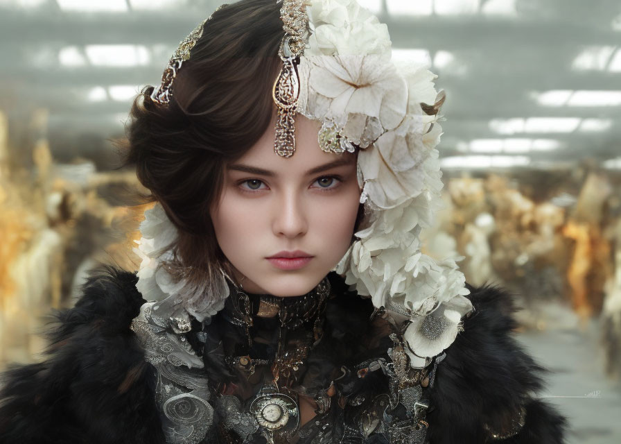 Intense Blue-Eyed Person in Luxurious Headpiece with White Flowers and Gold Ornaments