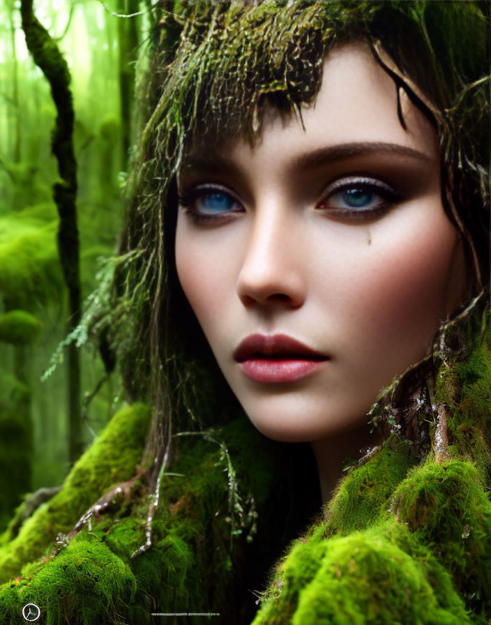 Woman with Moss-Like Adornments in Green Forest Setting