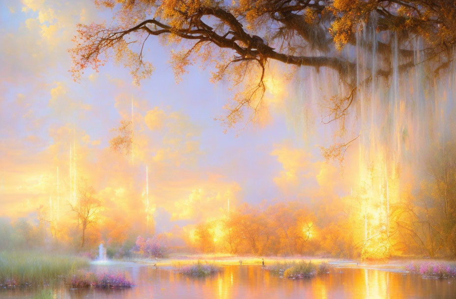 Tranquil lake at dawn or dusk with weeping willow and misty landscape