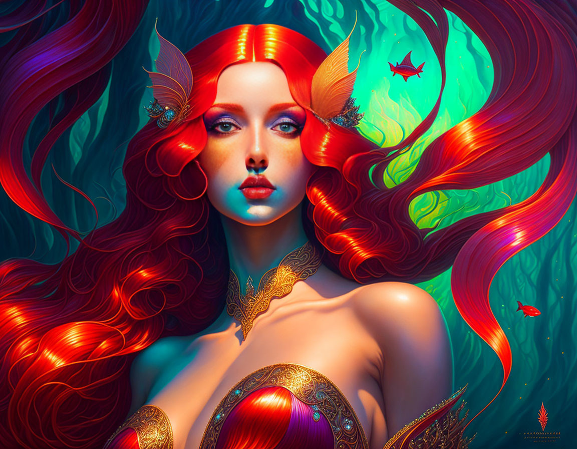 Colorful fantasy-themed illustration of a woman with flowing red hair on teal backdrop