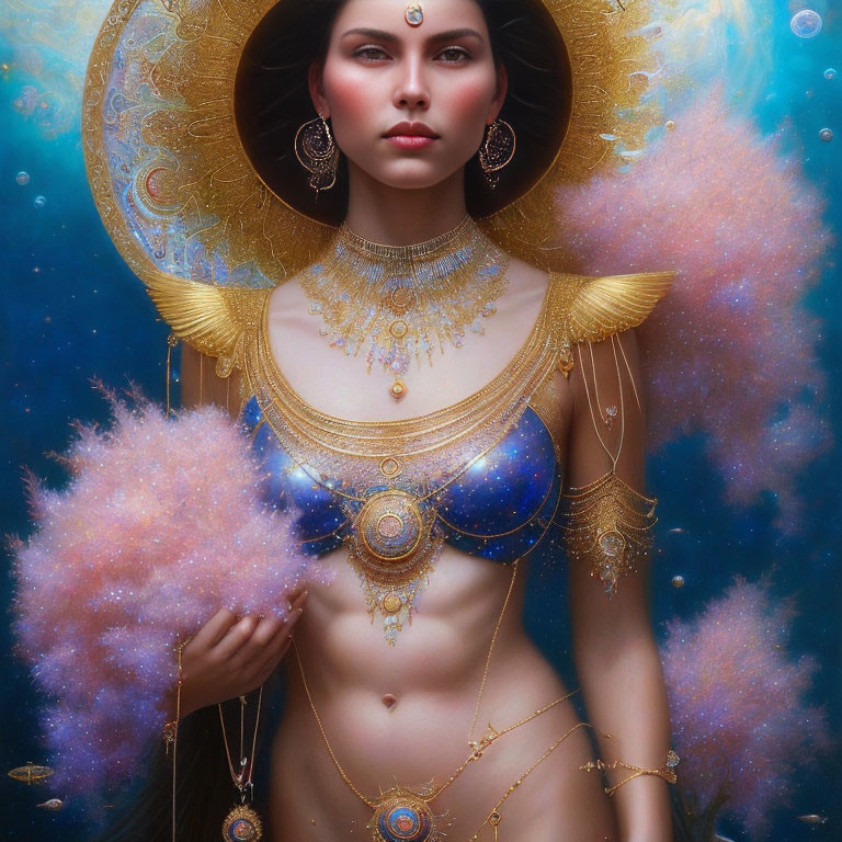 Portrait of Woman with Elaborate Gold and Cosmic Jewelry