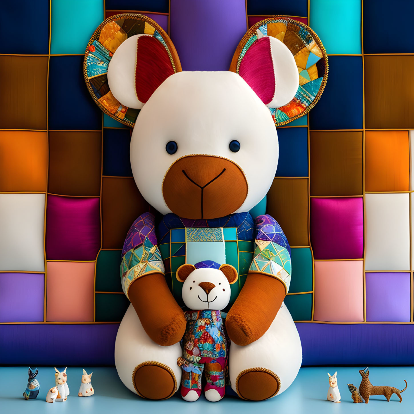 Colorful Large Teddy Bear Holding Smaller Bear with Playful Kittens