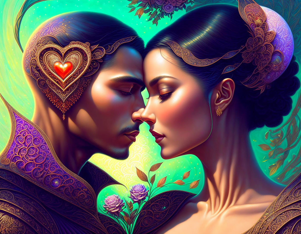 Romantic digital art: Man and woman in heart-themed attire