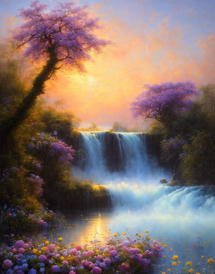 Tranquil landscape with cascading waterfall and blooming flowers