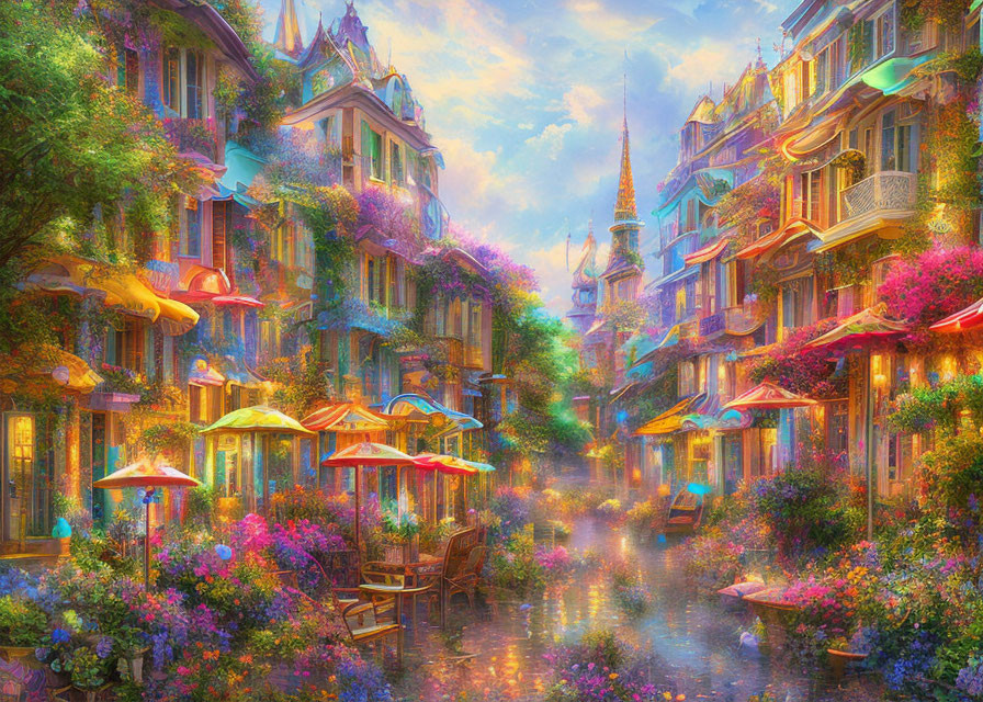 Fantasy street with colorful buildings and floating umbrellas