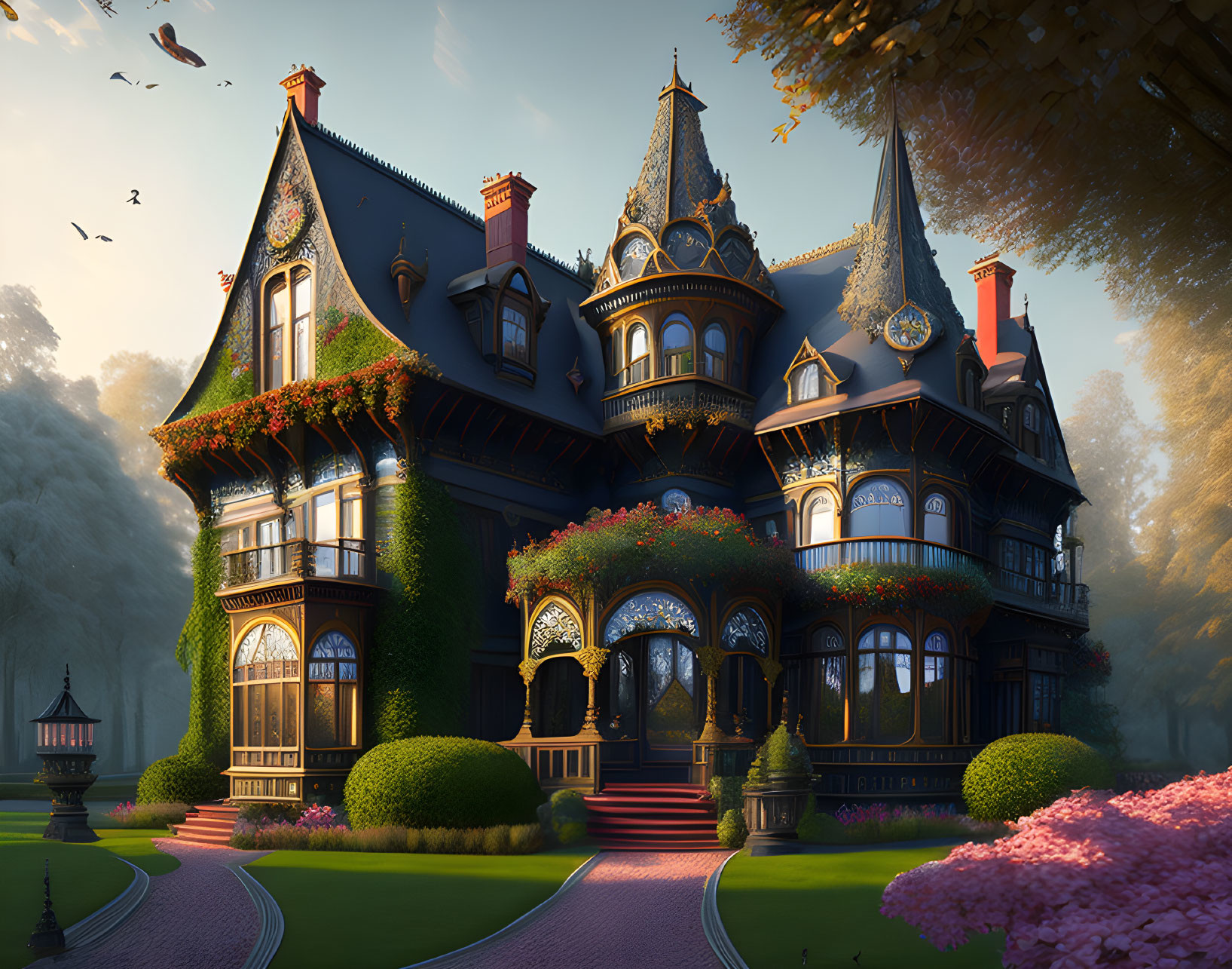 Victorian Mansion with Lush Gardens and Sunset Glow