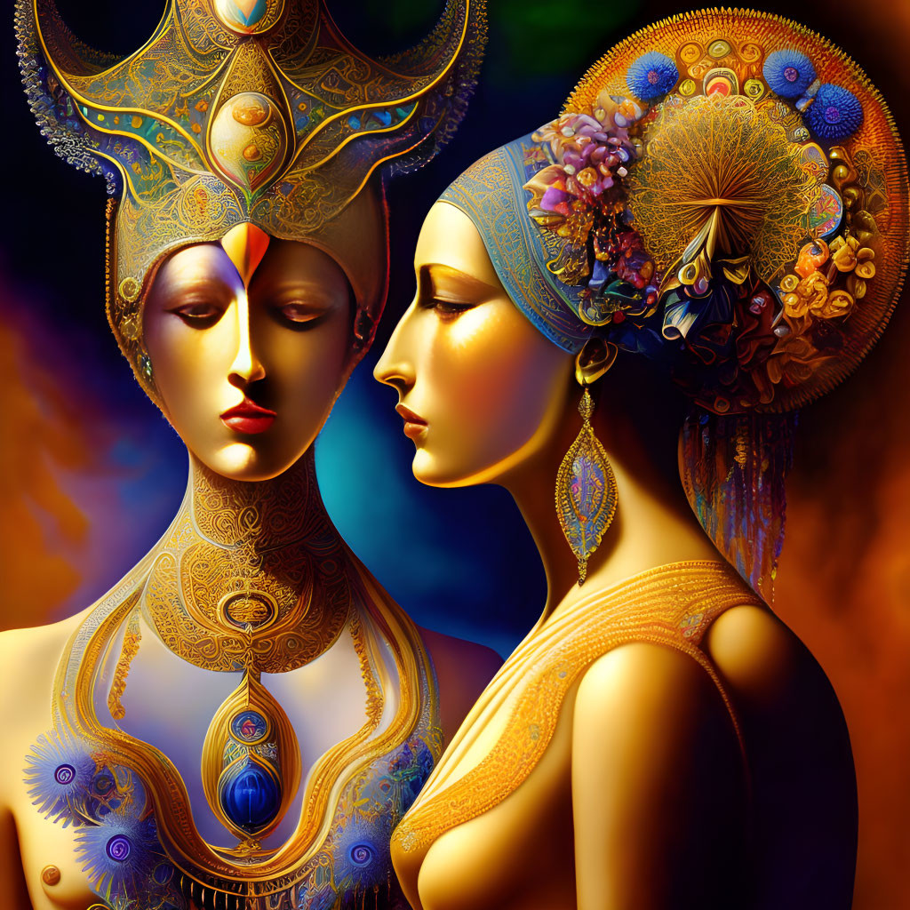 Profile of two women with ornate headdresses and body art against colorful background