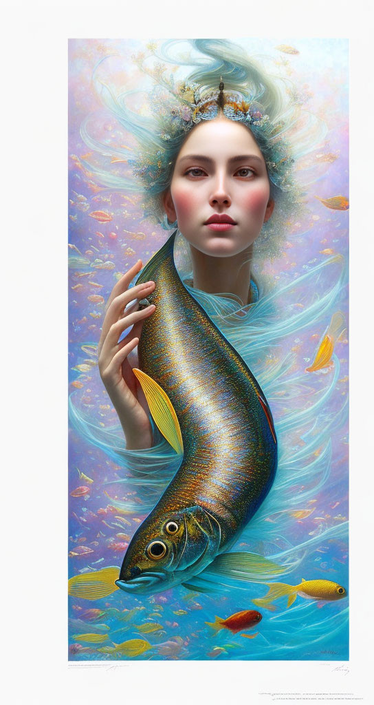 Surreal portrait of woman with fish body, surrounded by smaller fish on soft blue backdrop