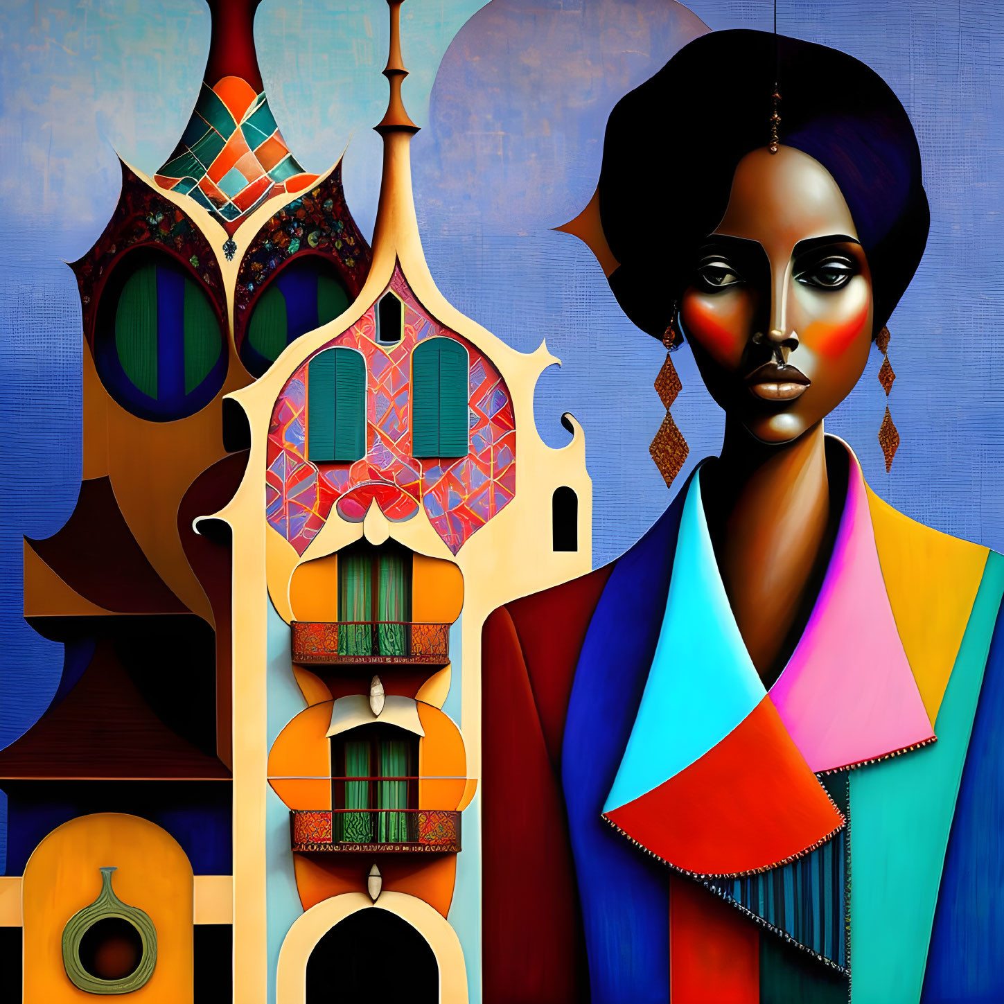 Colorful Surrealist Painting of African Woman in Gaudí-Inspired Setting