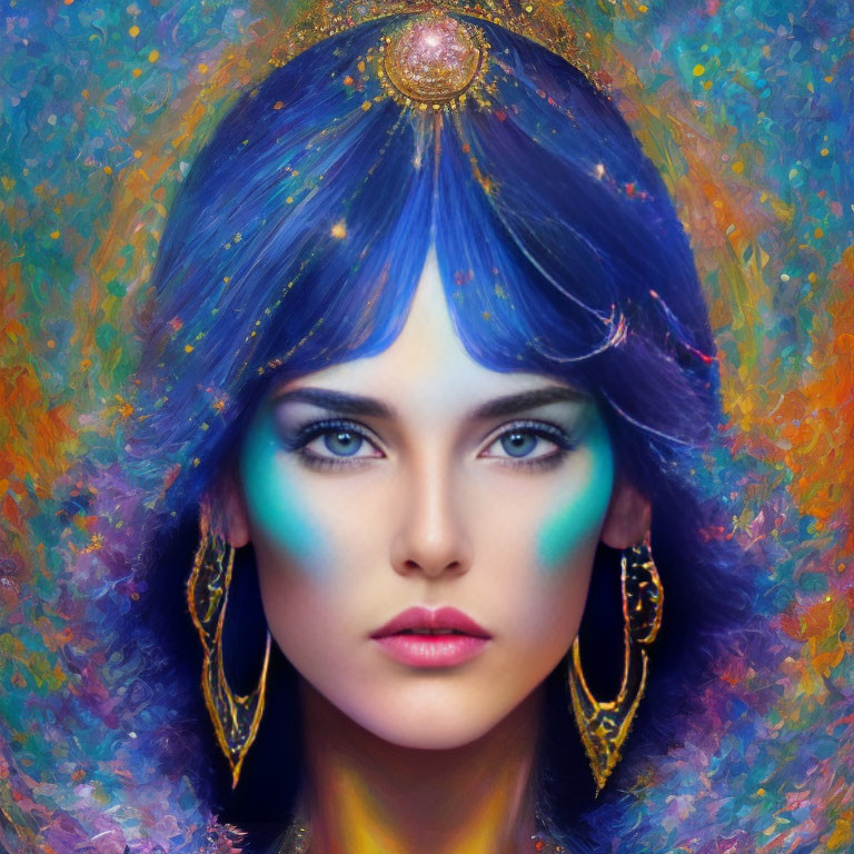 Vibrant blue hair woman with cosmic makeup in mystical setting