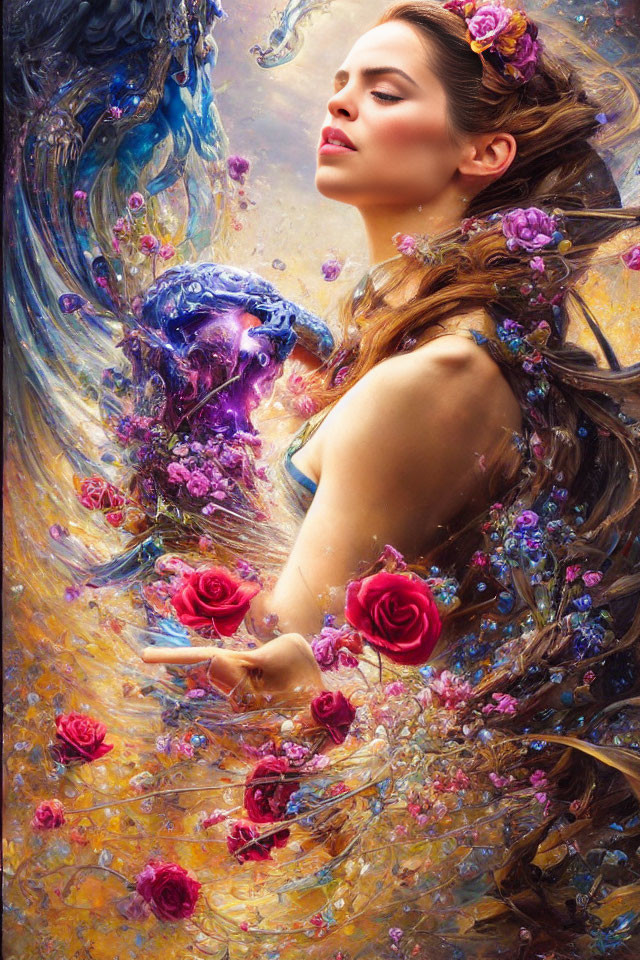 Digital art: Woman with floral hair in vibrant rose whirl with jellyfish-like form