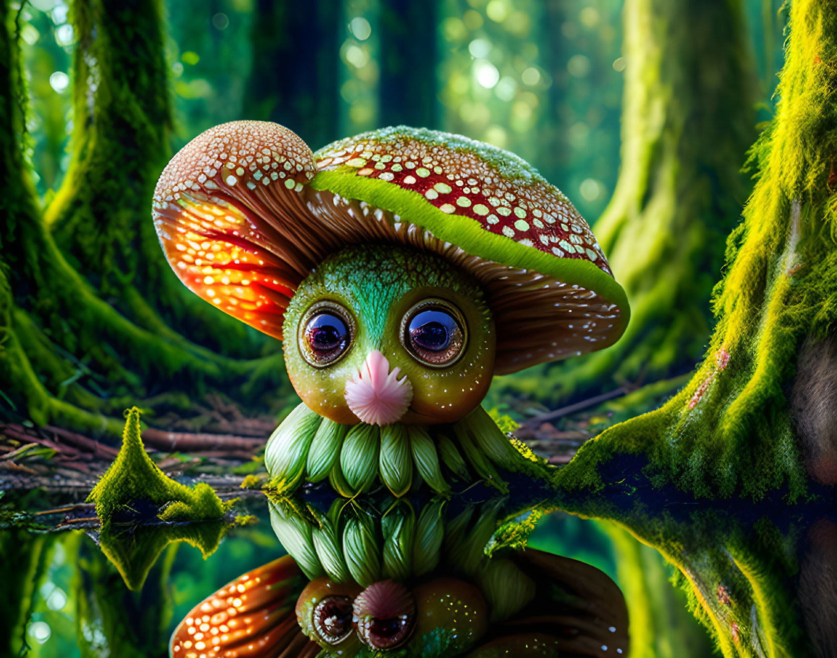 Whimsical creature with mushroom cap in enchanted forest