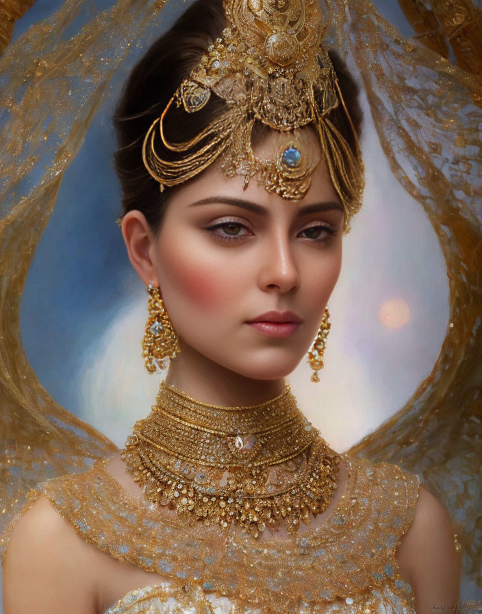 Elaborately adorned woman with gold jewelry in serene pose