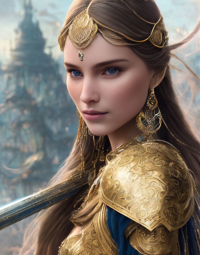 Digital artwork: Woman in golden armor with fantasy landscape.