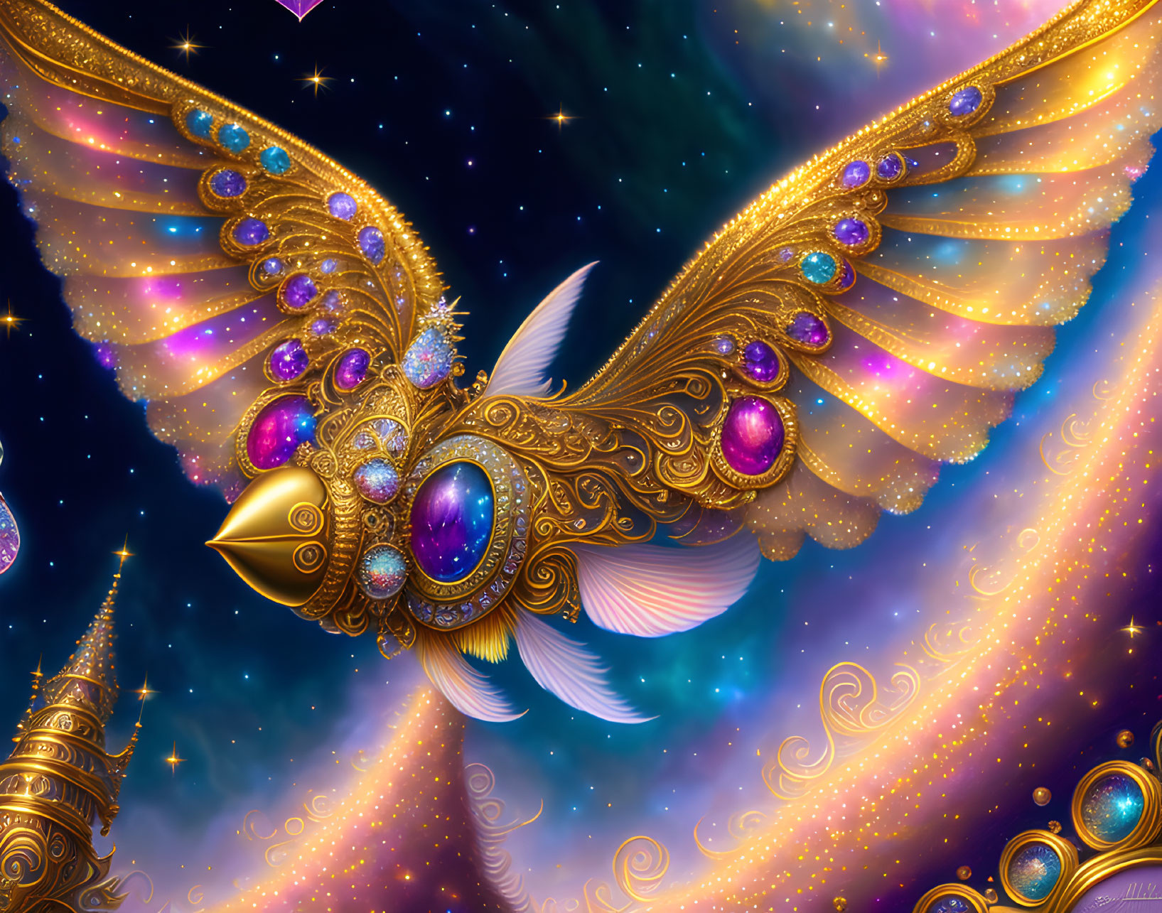 Ornate golden bird with jewels flying near whimsical golden spires