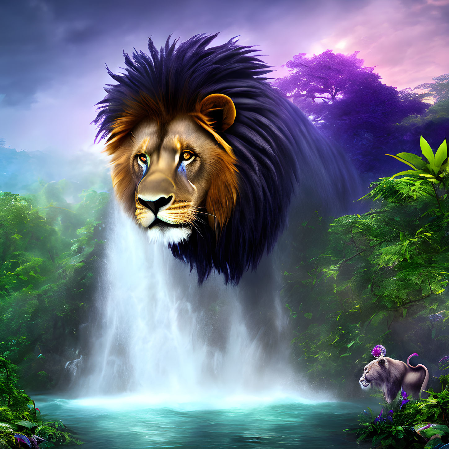 Lion's head with flowing mane in jungle scene with waterfall and foliage