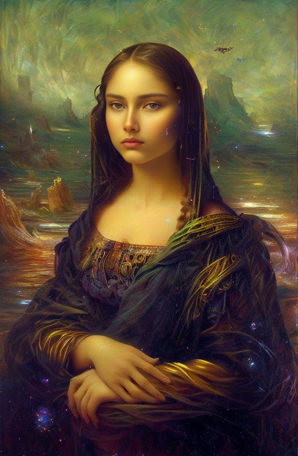 Digital artwork blending Mona Lisa with galactic background and cosmic elements.