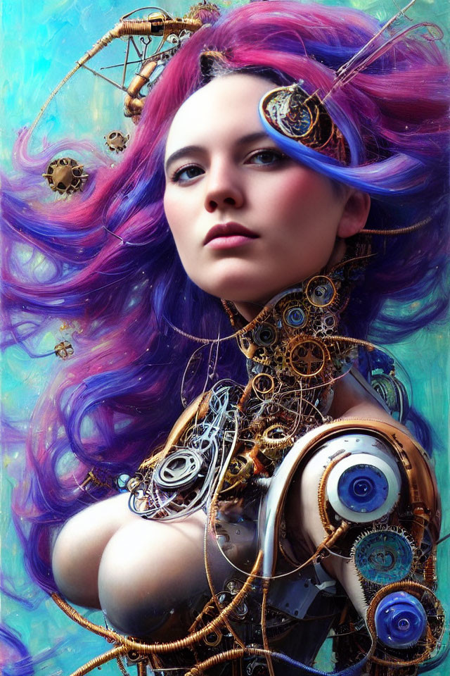 Colorful depiction of woman in purple hair and steampunk attire with mechanical gears.