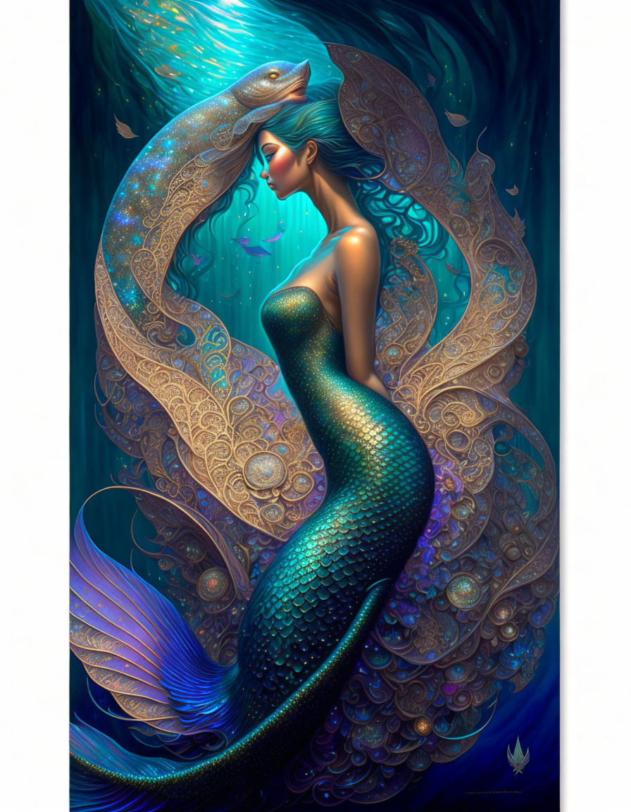 Mermaid illustration: green scales, long tail, ornate fins, deep blue backdrop with golden patterns