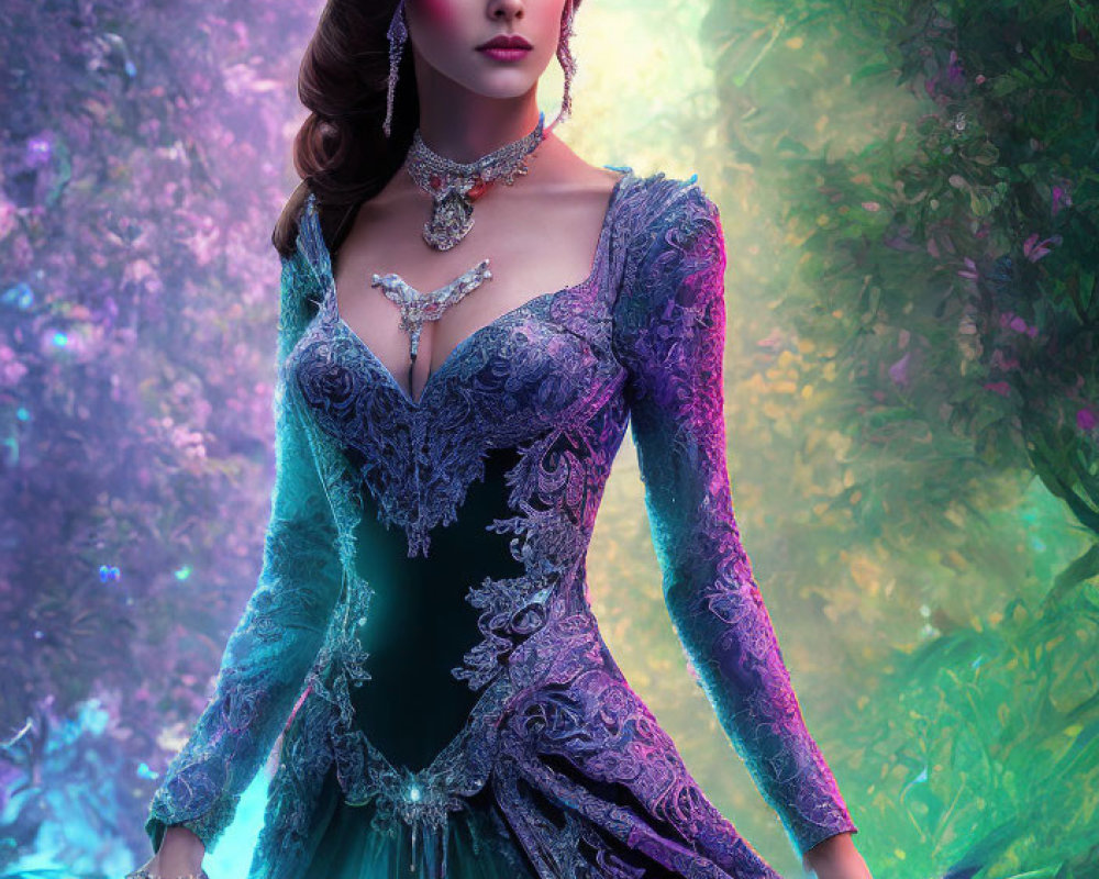 Detailed digital illustration: Woman in teal and purple gown with tiara, jewelry, in mystical forest.